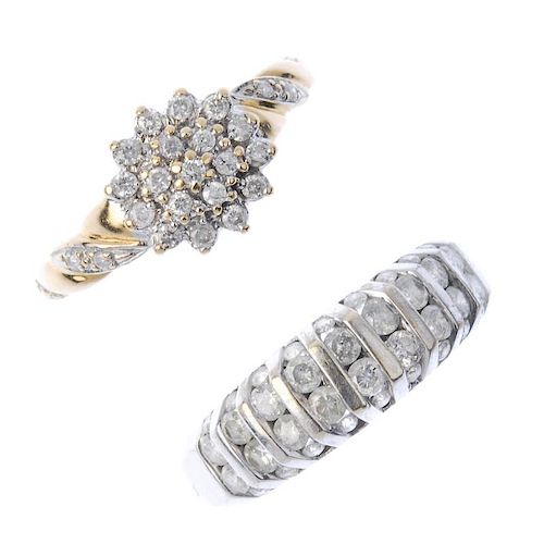 Two 9ct gold diamond dress rings. To include a brilliant-cut diamond cluster ring with diamond highl