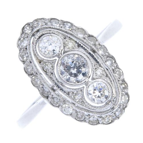 A diamond dress ring. The graduated old-cut diamond collet line, within a single-cut diamond oval-sh