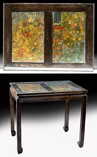 19th C. Persian Qajar Table w/ Painted Panel Inlay