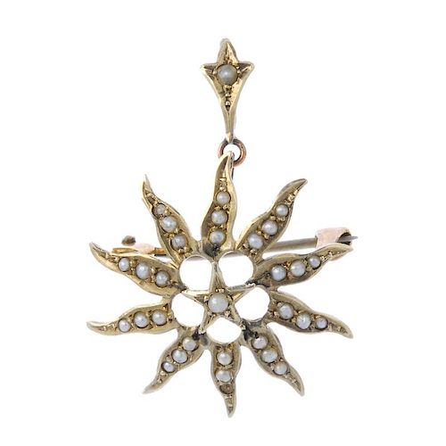 A selection of early 20th century 9ct gold jewellery. To include a seed pearl star pendant, a sapphi