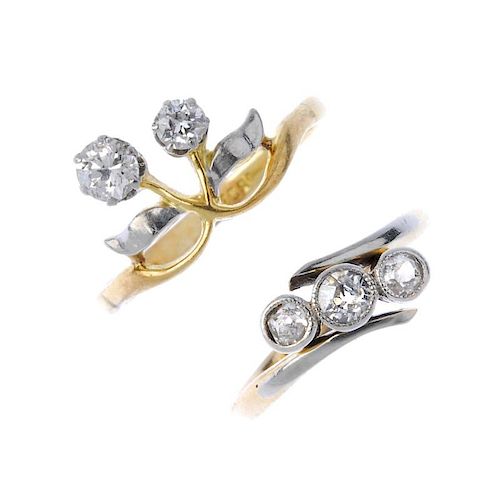 A selection of four 18ct gold diamond rings. To include a graduated circular-cut diamond three-stone