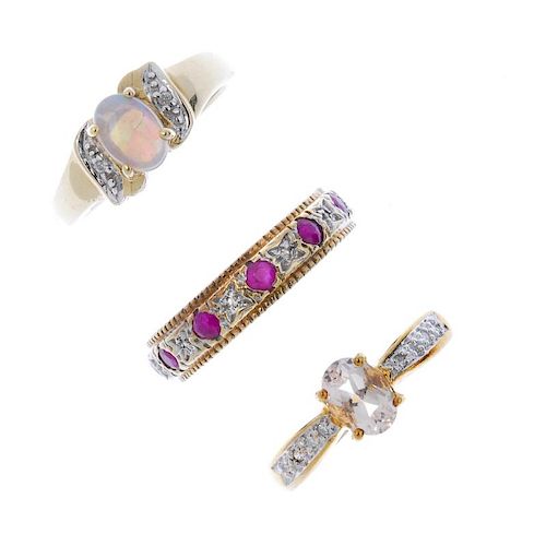 A selection of three diamond and gem-set rings. To include a 9ct gold morganite ring with diamond-se