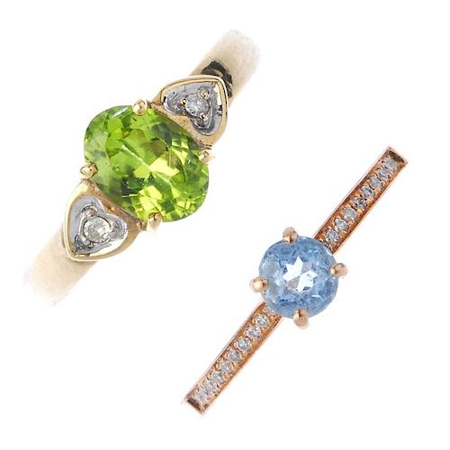 A selection of four gold diamond and gem-set rings. To include a circular-shape blue topaz and brill