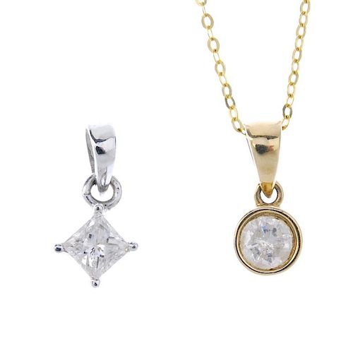 Two diamond single-stone pendants. To include a brilliant-cut diamond pendant, suspended from a belc