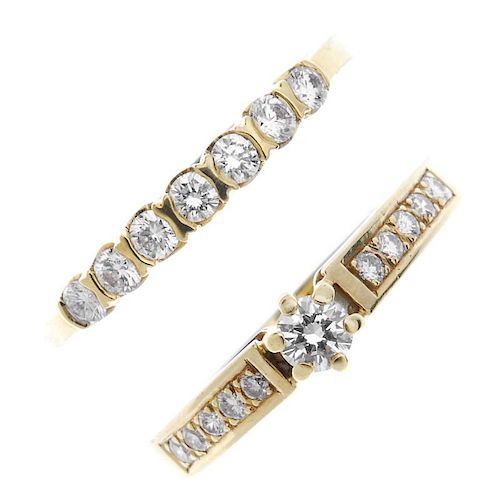 Two 14ct gold diamond rings. To include a brilliant-cut diamond single-stone ring with similarly-cut