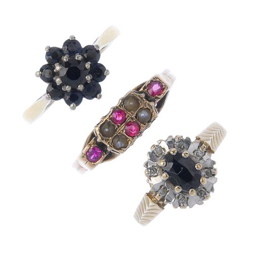 Two 9ct gold gem-set rings, together with a sapphire cluster ring. To include an Edwardian synthetic