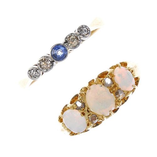 A selection of four early 20th century 18ct gold diamond and gem-set rings. To include an opal and d