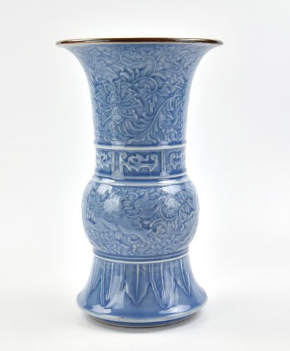 Chinese Blue Glazed Gu Vase w/ Archaic Decor, 19th