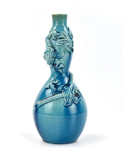Chinese Peacock Glazed Gourd Vase w/ Dragon,19th C
