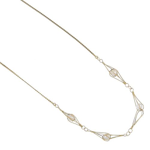 A 9ct gold cultured pearl necklace. Designed as a series of four cultured pearls, each within a rope