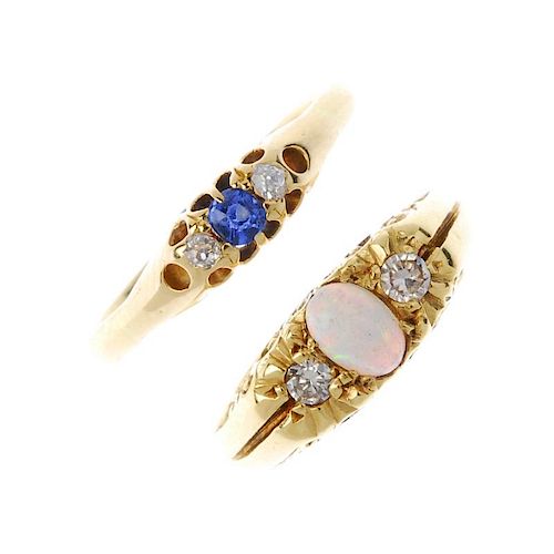 A selection of three early 20th century 18ct gold diamond and gem-set rings. To include an opal ring