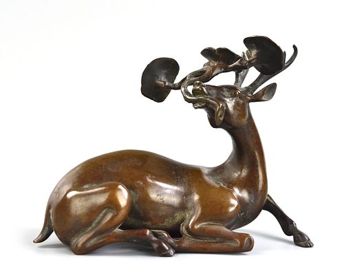 Chinese Carved Bronze Deer w/ Lingzhi, 19th C.
