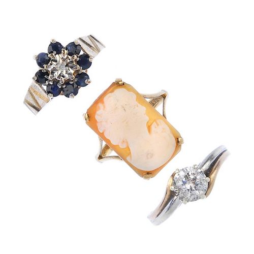 A selection of seven gem-set and diamond rings. To include a 9ct gold diamond point and sapphire flo