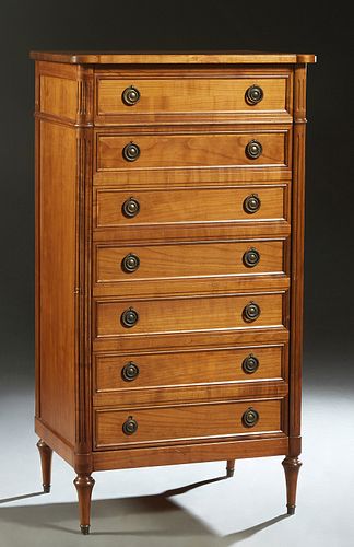 Unusual French Louis XVI Style Carved Walnut Cabinet, early 20th c., the cookie corner top over a cupboard door with seven faux drawer fronts, flanked