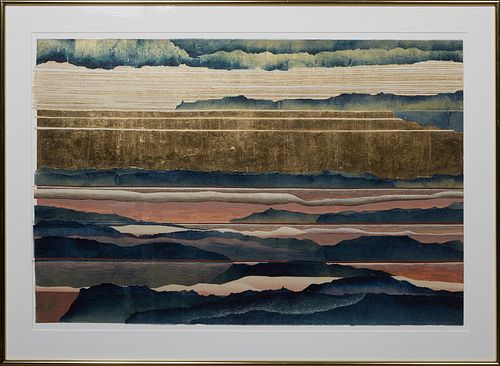 Daryl Howard (1949-, American / Texas), "Sand Silence I," late 20th c., mixed media on paper, signed and titled lower right, presented in a brass fram
