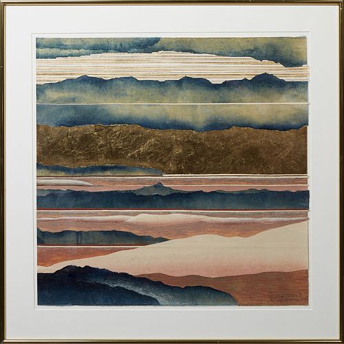 Daryl Howard (1949-, American / Texas), "Sand Silence II," 1984, mixed media on paper, signed, dated and titled lower right, presented in a brass fram