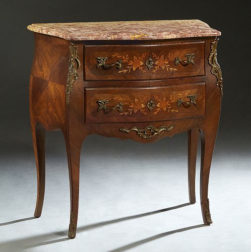 Diminutive French Louis XV Style Marquetry Inlaid Mahogany Marble Top Commode, early 20th c., the stepped serpentine rounded corner figured ocher and 