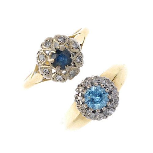 A selection of four diamond and gem-set rings. To include an 18ct gold circular-shape blue zircon an