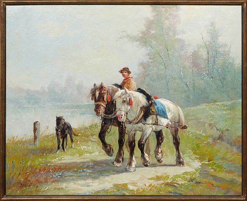 Edmond Joseph de Pratere (1826-1888, Belgian), "Carriage Horses and Dog," 19th c., signed lower left, gallery info on artist en verso, H.- 25 in., W.-