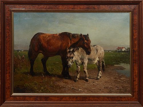 Henry Schouten (1857–1927, Belgian), "Horse and Donkey," early 20th c., oil on canvas, signed lower left, "Peint par moi P.N. Schoutz," written en ver