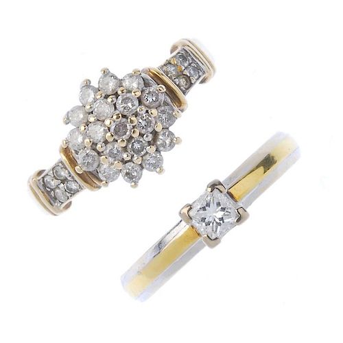 A diamond cluster ring and an 18ct gold diamond single-stone ring. The first set with brilliant-cut