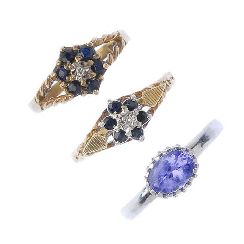 A selection of six 9ct gold gem-set and diamond rings. To include a circular-shape tanzanite and sin