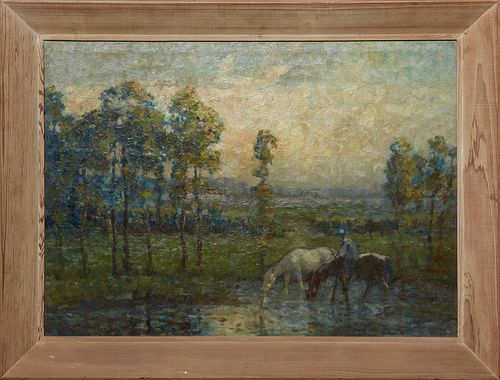 Knute Heldner (1875-1952, Louisiana), "Horses Drinking Water," 20th c., oil on canvas, signed lower left, presented in a wood frame, H.- 20 1/2 in., W