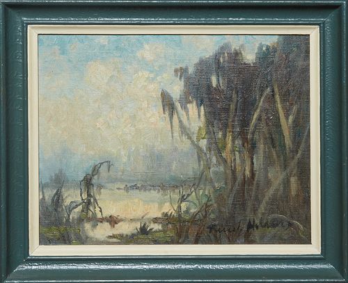 Knute Heldner (1875-1952, Swedish/American), "Louisiana Swamp Scene," early 20th c., oil on canvas, signed lower right, presented in a painted wood fr