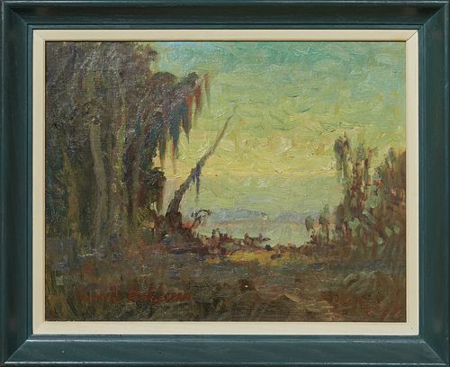 Knute Heldner (1875-1952, Swedish/American), "Louisiana Swamp," early 20th c., oil on canvas, signed lower left, presented in a painted wood frame, H.