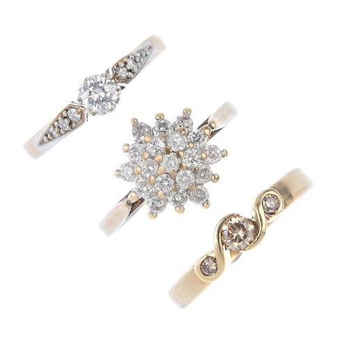 A selection of three 9ct gold diamond rings. To include a brilliant-cut diamond cluster ring, a bril