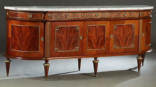 French Louis XVI Style Ormolu Mounted Mahogany Marble Top Sideboard, 20th c., the thick highly figured white marble over three frieze drawers above do