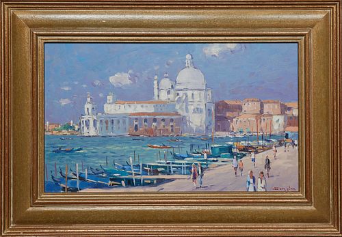 Niek Van Der Plas (1954-, Dutch), "View of the Basilica di Santa Maria della Salute, Venice," 21st c., oil on board, signed lower right, branded signa