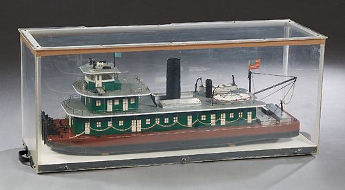 Vintage Wooden Towboat Model, "The Tom Sawyer," presented in a lucite case, Case- H.- 11 3/8 in., W.- 27 in., D.- 9 in., Boat- H.- 9 in., W.- 24 in., 