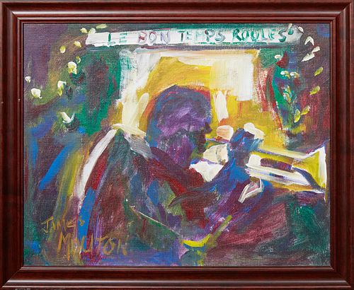 James Mouton (1925-2011, New Orleans), "Le Bon Temps Roules'," 20th c., oil on canvas, signed lower left, titled on top, presented in a wood frame, H.