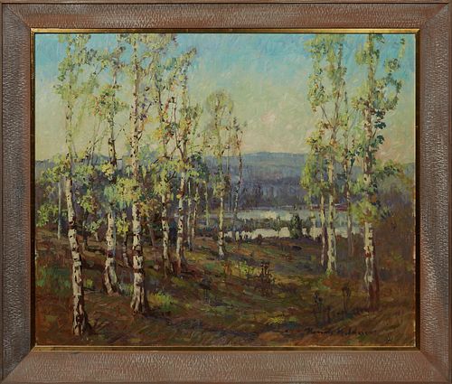 Knute Heldner (1875-1952, Louisiana), "Minnesota Birch No. 4," 20th c., oil on canvas, signed lower right, titled en verso on stretcher, presented in 