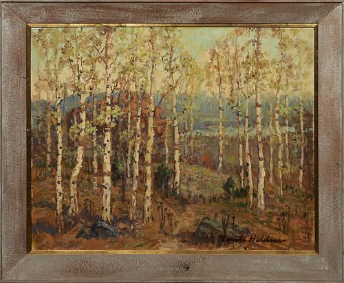 Knute Heldner (1877-1952, Louisiana), "Birch Forrest," 20th c., oil on canvas, signed lower right, presented in a wood frame, H.- 23 3/4 in., W.- 29 3