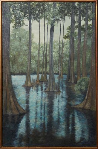 Glenn Norris, "Cypress Trees in the Swamp," 21st c., oil on canvas, signed lower right, signed en verso, presented in a wood frame, H.- 36 in., W.- 24