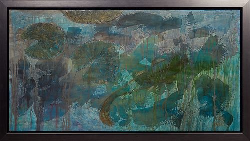 Scott Upton (1958-, North Carolina), "Abstract Waterlilies," 20th c., oil on canvas, initialed lower right, presented in a silver frame, H.- 23 3/4 in