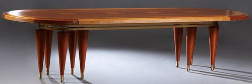 Unusual Contemporary Brass Inlaid Banded Mahogany Dining Table, 20th c., the oval sloping reeded edge top on a pierced brass oval support, with five b