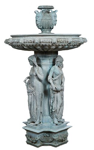 Large Patinated Bronze Fountain Figure of the Four Seasons, 20th c., the top with four relief heads of Pan issuing water, over a large bowl with lions