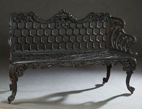 American Style Cast Aluminum Garden Bench, 20th/21st c., with a "horseshoe" back over pierced scrolled seats and pierced arms, on cabriole legs with p