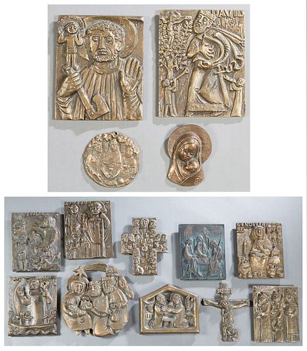Group of Fourteen German Patinated Bronze Relief Plaques, 20th c., two of the three kings; one of St. Genovefa; one a manger scene of the birth of Jes