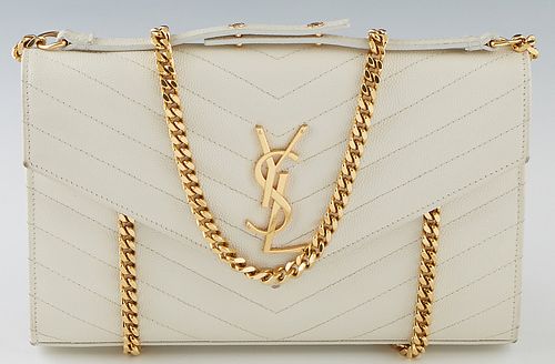 Yves St-Laurent Envelope Chain Wallet Shoulder Bag, in ivory grained chevron calf leather with gold hardware, the snap closure opening to a black sain