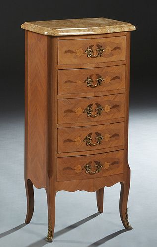 French Louis XV Style Inlaid Carved Mahogany Bowfront Marble Top Chiffonier, 20th c., the bowed rounded edge and corner figured ocher marble over a ba