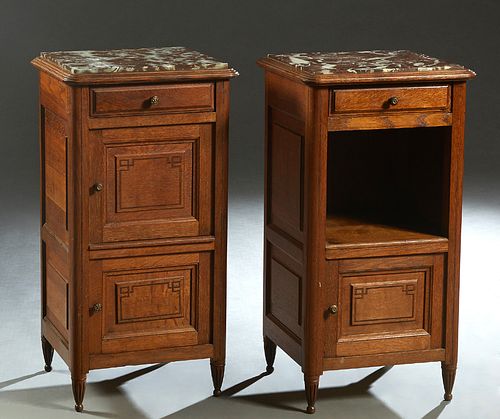 Pair of French Art Deco Parquetry Inlaid Oak Marble Top Nightstands, 20th c., the inset highly figured brown marble over a fielded panel frieze drawer