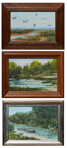 Lola Roos (New Orleans), "Point Chicot," "Boge Falaya," and "Louisiana Bayou," 20th c., three miniature acrylics on canvas board, two signed lower rig