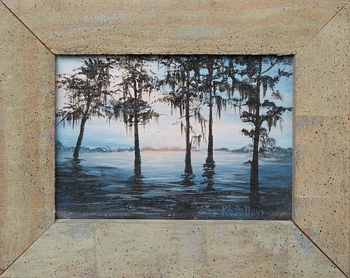 Rita de Buys (Louisiana), "Miniature Louisiana Cypress Swamp," 20th c., acrylic on canvas board, signed lower right, presented in a wood frame, H.- 4 