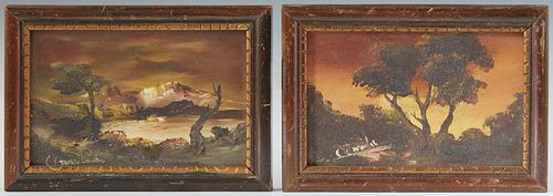 Roberto Arriola (Mexican), "Mexican Landscapes," 20th c. pair of miniature oils on board, presented in identical wood frames with gilt liners, H.- 3 1