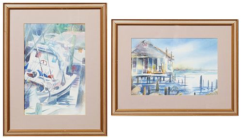 Diana Brandt (New Orleans), "Young Anson," and "Boat House on the River," 20th c., pair of watercolors on paper, both signed lower right, each present