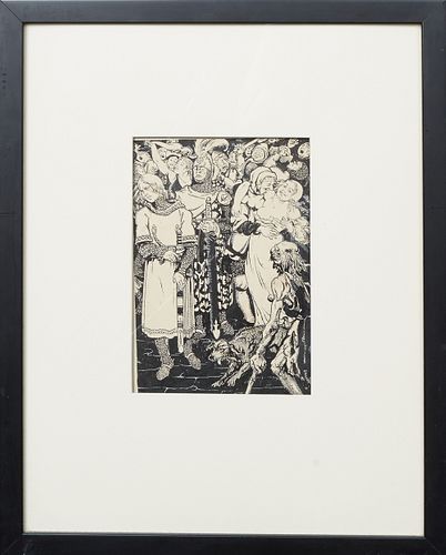 Edmond Van Offel (1871-1959, Belgium), "The Knights in Reverie," 20th c., ink on paper, with a Taos Picture Framing sticker en verso, presented in a b